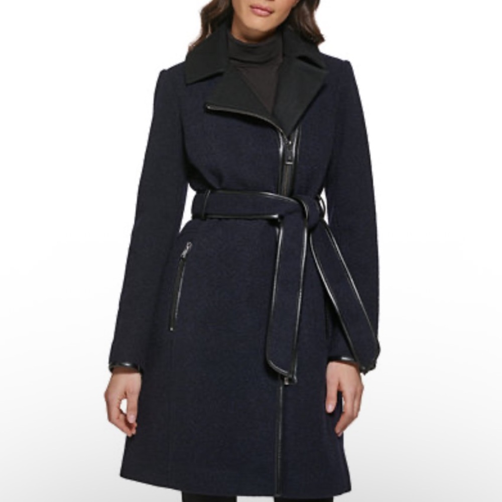 NWT Guess Leather Navy Asymmetrical Coat
